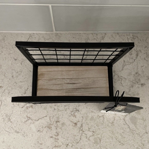 NEW Rae Dunn Black Metal GATHER Napkins Napkin Holder Wood Bottom - Picture 3 of 6